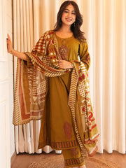 Women Mustard Cotton Embroidery Yoke Kurta Pant and Dupatta set
