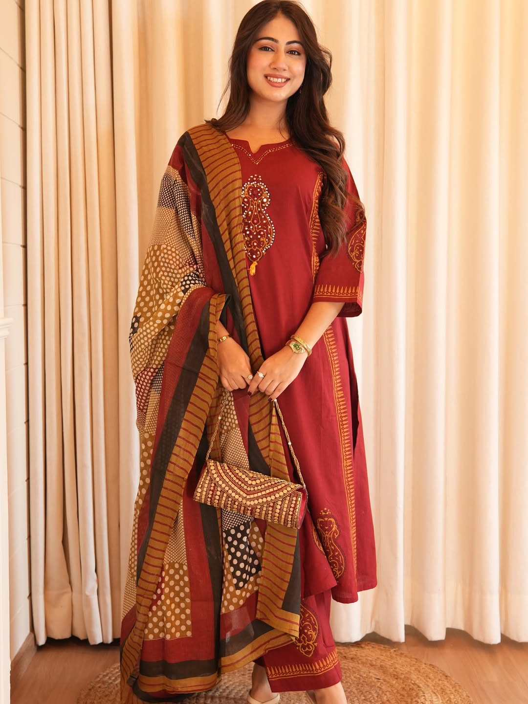 Women Red Cotton Katha work Yoke Kurta Pant and Dupatta set