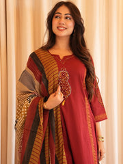 Women Red Cotton Katha work Yoke Kurta Pant and Dupatta set