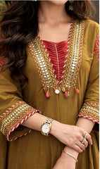 Women Mustard Cotton Wedding Season Kurta Pant and Dupatta set