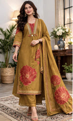 Women Mustard Cotton Wedding Season Kurta Pant and Dupatta set