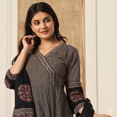 Women Black Cotton Angrakha Zigzag Kurta Pant and Dupatta Set