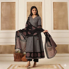 Women Black Cotton Angrakha Zigzag Kurta Pant and Dupatta Set