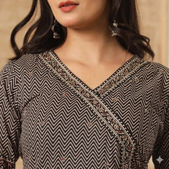 Women Black Cotton Angrakha Zigzag Kurta Pant and Dupatta Set