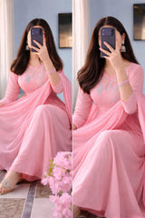 Women Pink Cotton Embroidery Blossom Kurta Pant and Dupatta set