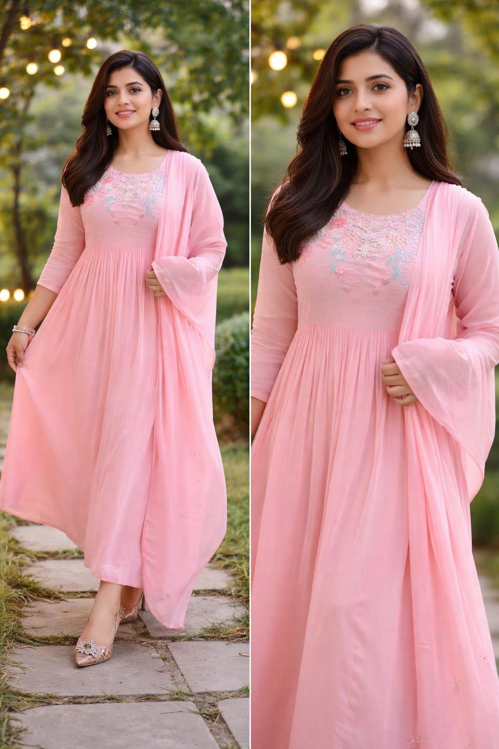 Women Pink Cotton Embroidery Blossom Kurta Pant and Dupatta set