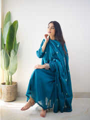 Women Teal Blue Cotton Beautiful Embroidery Kurta Pant and Embroidery Dupatta set