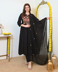 Women Black Cotton Embroidery ASK Kurta Pant and Dupatta set