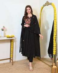 Women Black Cotton Embroidery ASK Kurta Pant and Dupatta set