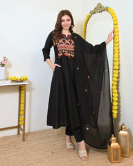Women Black Cotton Embroidery ASK Kurta Pant and Dupatta set