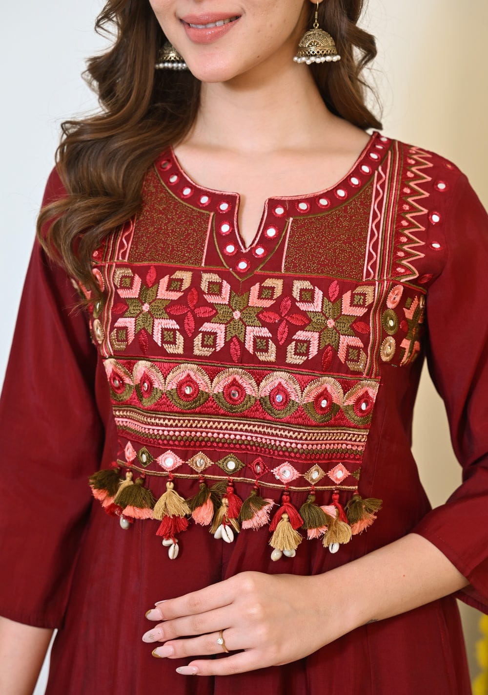 Women Red Cotton Embroidery ASK Kurta Pant and Dupatta set
