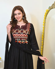 Women Black Cotton Embroidery ASK Kurta Pant and Dupatta set