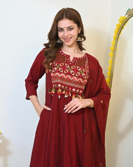 Women Red Cotton Embroidery ASK Kurta Pant and Dupatta set