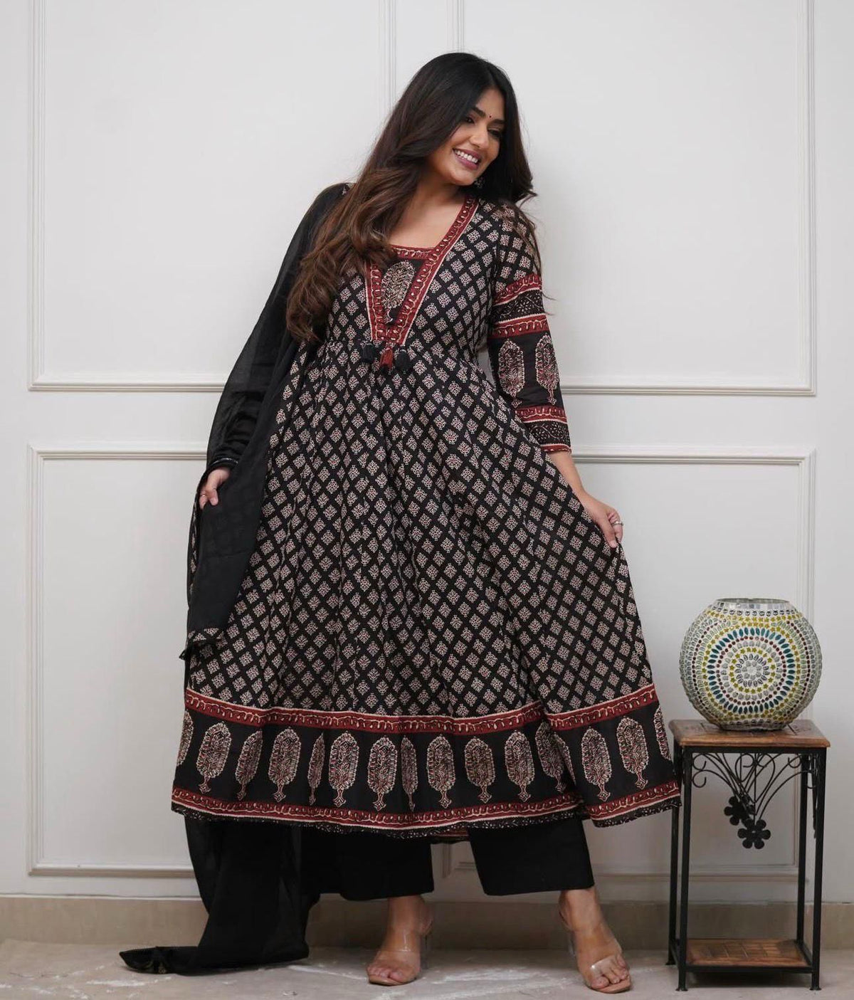 Women Black Cotton Fairytale Kurta Pant and Dupatta set
