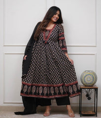 Women Black Cotton Fairytale Kurta Pant and Dupatta set