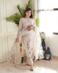 Women Beige Lilan Cotton Digital Print Kurta Pant and Dupatta set