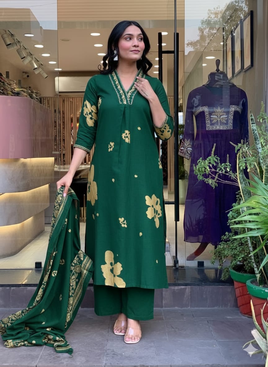 Women Green Cotton Day-Dreamy Kurta Pant and Dupatta set