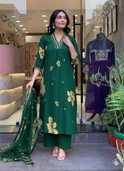 Women Green Cotton Day-Dreamy Kurta Pant and Dupatta set