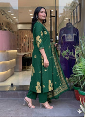 Women Green Cotton Day-Dreamy Kurta Pant and Dupatta set