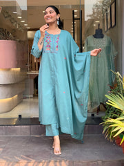 Women Blue Cotton Plated Embroidery Kurta Pant and Dupatta set