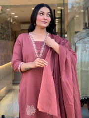 Women Rose Pink Cotton Embroidery Panel Kurta Pant and Dupatta set