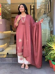 Women Rose Pink Cotton Embroidery Panel Kurta Pant and Dupatta set
