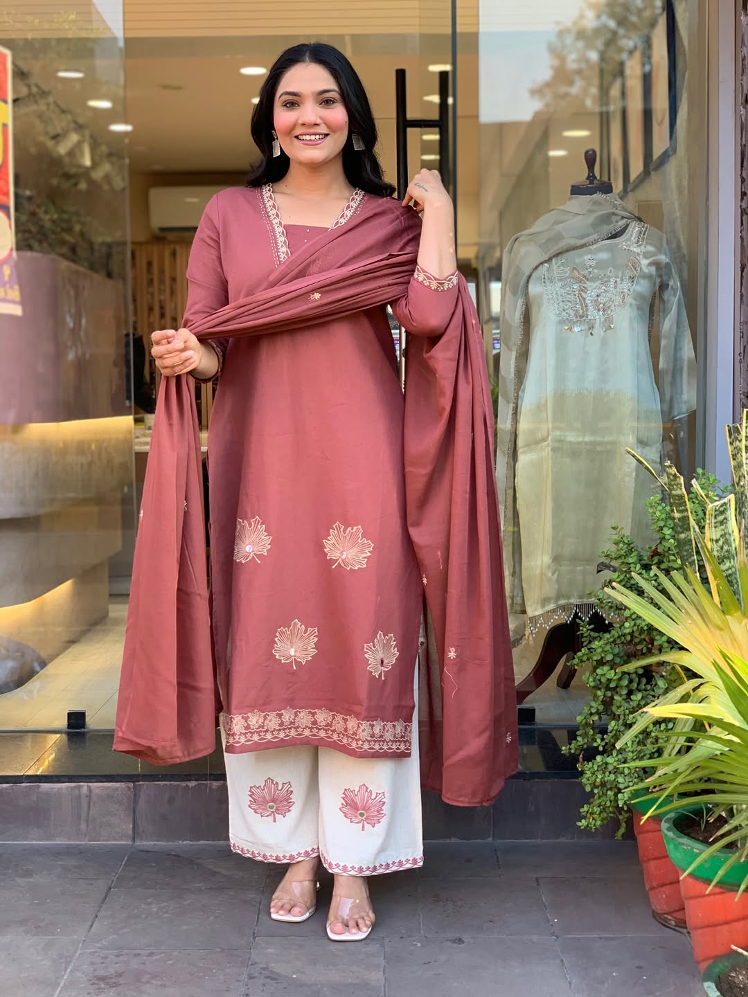 Women Rose Pink Cotton Embroidery Panel Kurta Pant and Dupatta set