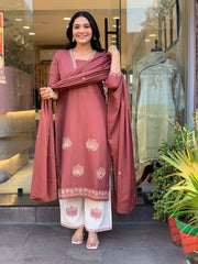 Women Rose Pink Cotton Embroidery Panel Kurta Pant and Dupatta set