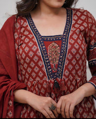 Women Red Cotton Fairytale Kurta Pant and Dupatta set