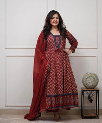 Women Red Cotton Fairytale Kurta Pant and Dupatta set