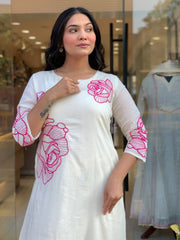 Women White Cotton Embroidery Malmal Kurta Pant and Dupatta set