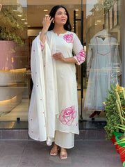 Women White Cotton Embroidery Malmal Kurta Pant and Dupatta set