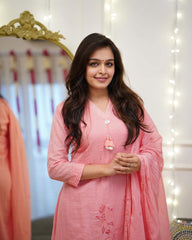 Women Pink Cotton Embroidery Latkan Kurta Pant and Dupatta set