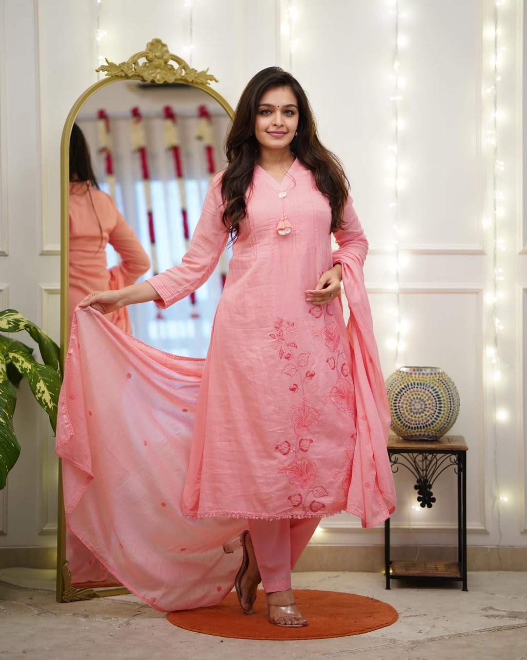 Women Pink Cotton Embroidery Latkan Kurta Pant and Dupatta set