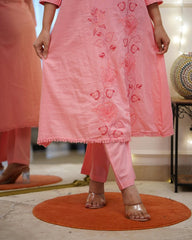 Women Pink Cotton Embroidery Latkan Kurta Pant and Dupatta set