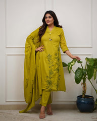 Women Green Cotton Embroidery Latkan Kurta Pant and Dupatta set