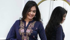 Women Navy Blue Cotton M&S Embroidery Kurta Pant and Dupatta set