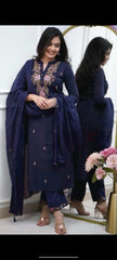 Women Navy Blue Cotton M&S Embroidery Kurta Pant and Dupatta set
