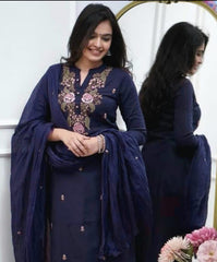 Women Navy Blue Cotton M&S Embroidery Kurta Pant and Dupatta set