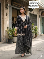 Women Black Cotton Lace Work Kurta Pharsi Salwar and Malmal Dupatta set