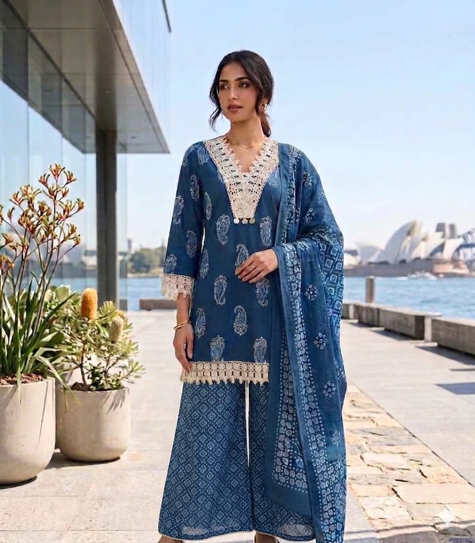 Women Prussian Blue Cotton Lace Work Kurta Pharsi Salwar and Malmal Dupatta set