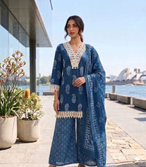 Women Prussian Blue Cotton Lace Work Kurta Pharsi Salwar and Malmal Dupatta set