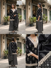 Women Black Cotton Lace Work Kurta Pharsi Salwar and Malmal Dupatta set