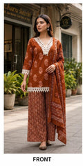 Women Rust orange Cotton Lace work Kurta Pharsi Salwar and Malmal Dupatta set