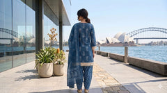 Women Prussian Blue Cotton Lace Work Kurta Pharsi Salwar and Malmal Dupatta set