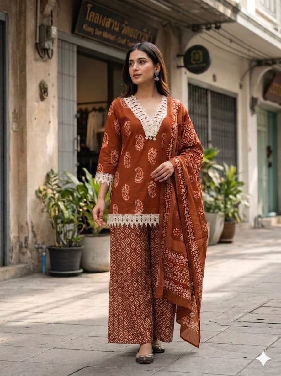 Women Rust orange Cotton Lace work Kurta Pharsi Salwar and Malmal Dupatta set