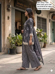 Women Grey Cotton Lace Work Kurta Pharsi Salwar and Malmal Dupatta set