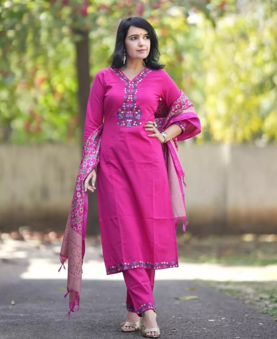 Women Pink Embroidery Cotton Kurta Pant and Dupatta set