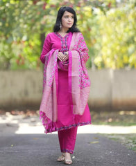 Women Pink Embroidery Cotton Kurta Pant and Dupatta set