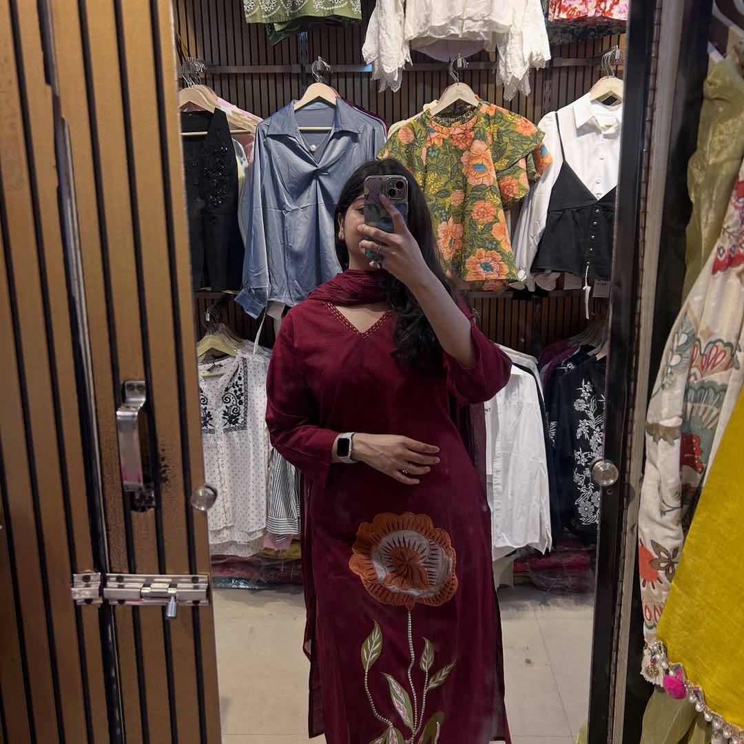 Women Maroon Cotton Rose Embroidery Kurta Pant and Mal Dupatta set